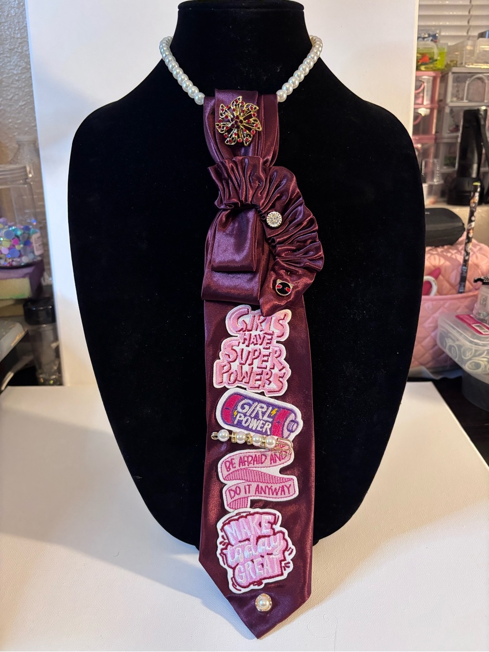 Purple Satin Statement Necklace with Pearl Collar and Empowerment Patches